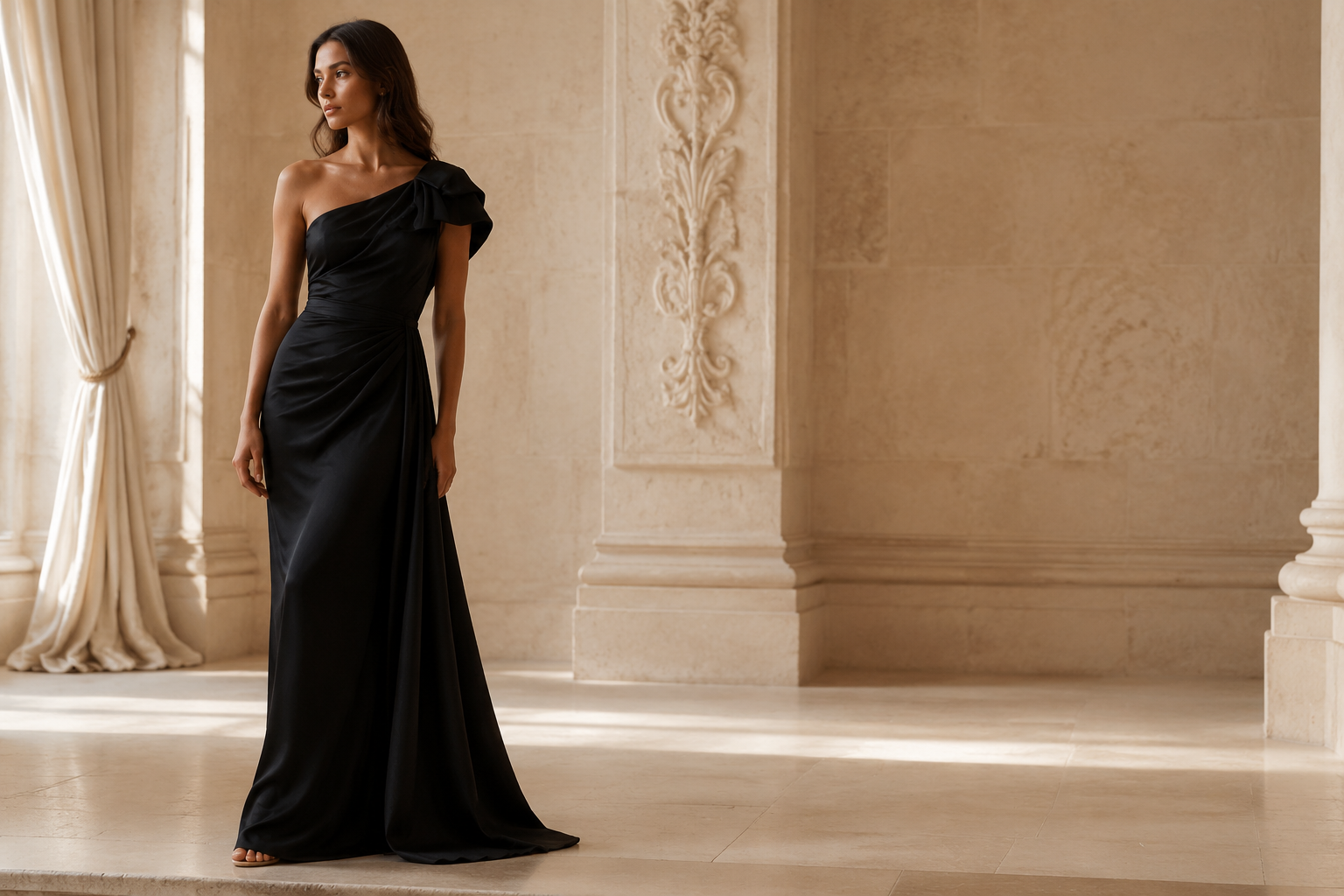 Woman wearing an elegant black evening gown